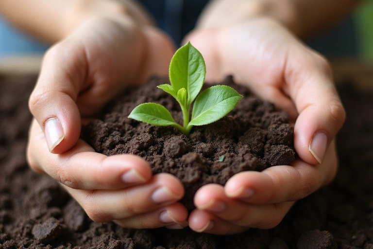 A serene image of hands gently holding a sprout, symbolizing growth and natural care.