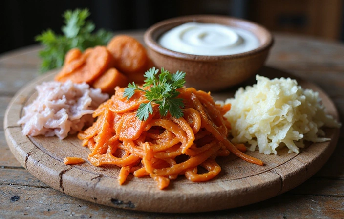 Various fermented foods on a wooden board