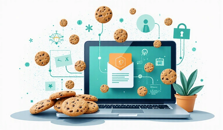 Illustration of various types of cookies on a digital device, symbolizing data collection and website functionality.